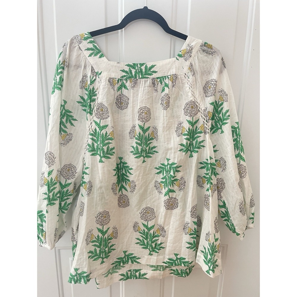 Lane Bryant Floral Blouse Cream Green Square Neck Long Sleeve Boho Top - Picture 2 of 4
